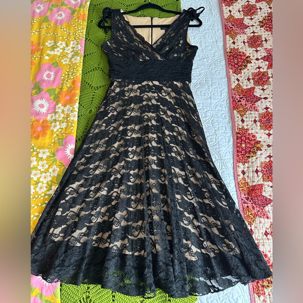 Black lace dress, nude under layer 4 petite